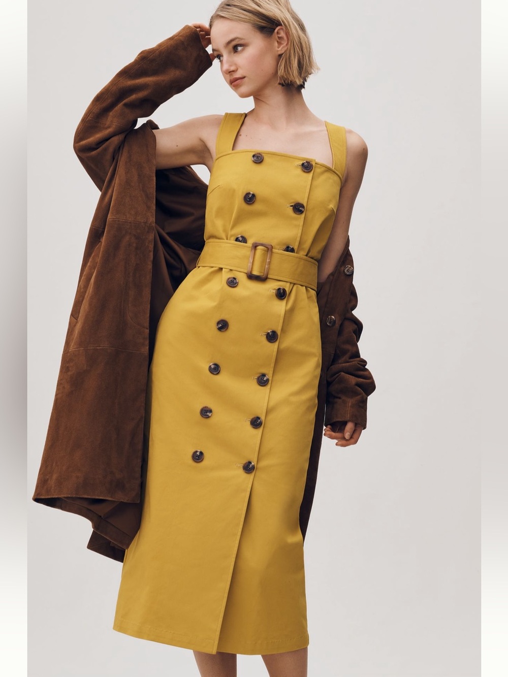 Anthropologie Preppy Mare Mare Mustard Utility Trench Midi Dress XS NWT